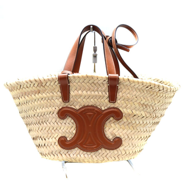 a22 8669 1 Celine Teen Triomphe Pannier Raffia Leather Bag Tan