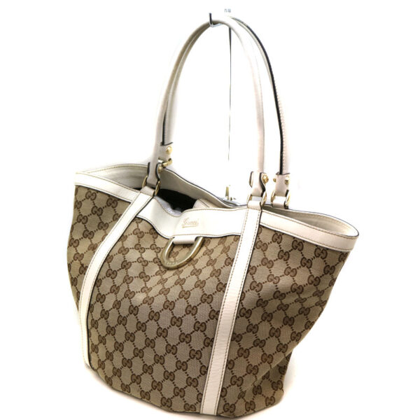 a310005 1 Gucci Tote Bag Canvas Leather White Beige