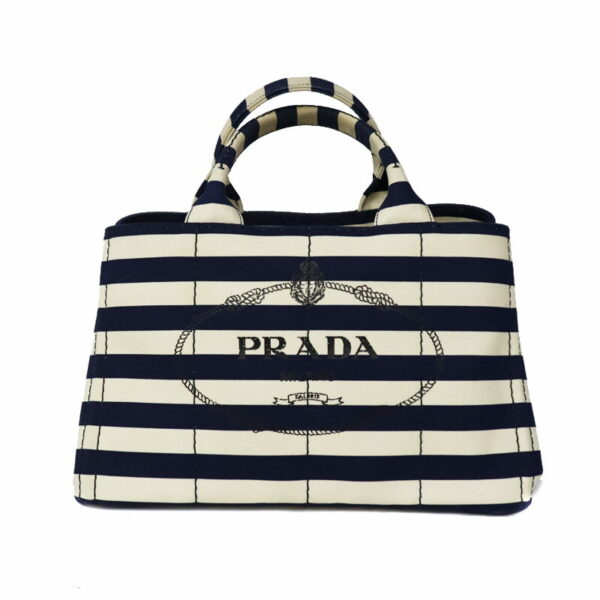 c22 4664 1 Prada Canapa Tote Shoulder Bag Canvas White Blue Border