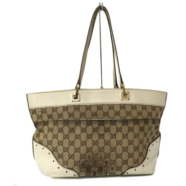 c23 1482 2 Gucci Tote Bag GG Canvas Leather White Beige