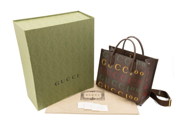 compass1681088963 Gucci 100th Anniversary Small Tote Bag Calf Leather Brown Multi