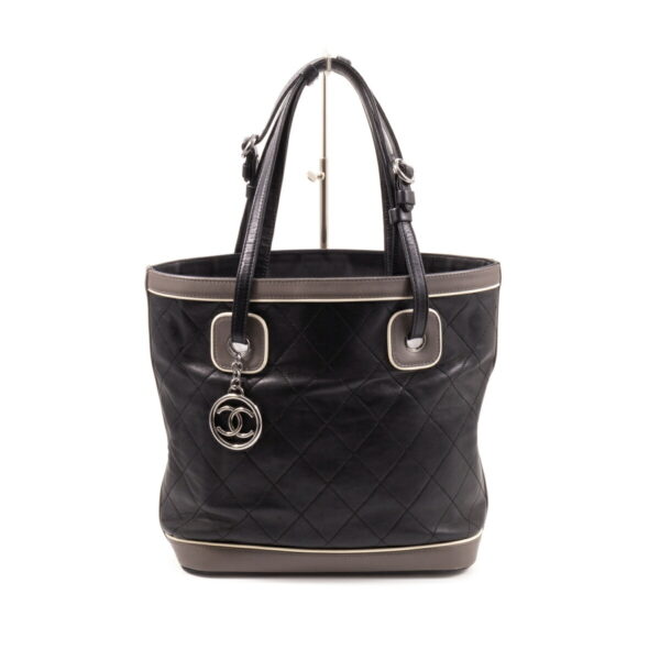 compass1683518679 Chanel Matelasse Tote Handbag Lambskin Leather Black Gray