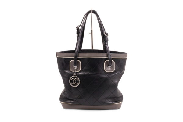 compass1683518724 Chanel Matelasse Tote Handbag Lambskin Leather Black Gray