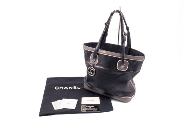 compass1683518730 Chanel Matelasse Tote Handbag Lambskin Leather Black Gray