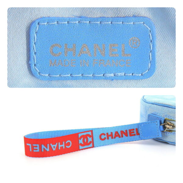 compass1685756775 Chanel Travel Line Round Pouch Handbag Nylon Jacquard Leather Blue