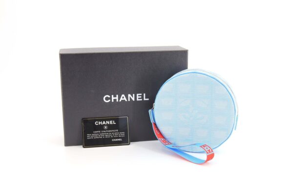 compass1685756794 Chanel Travel Line Round Pouch Handbag Nylon Jacquard Leather Blue