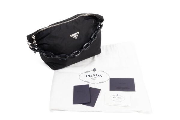 compass1702622177 Prada Chain Nylon Handbag Nylon Black