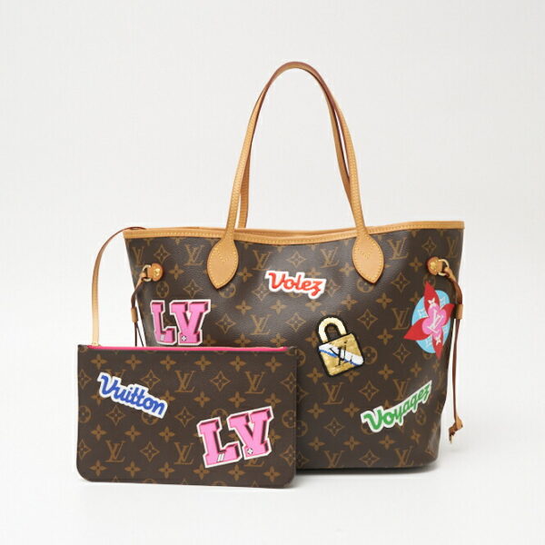 compass1702788113 Louis Vuitton Neverfull MM Tote Bag Patches Leather Brown Multi Pink