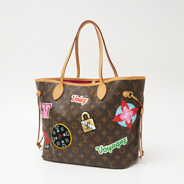 compass1702788130 Louis Vuitton Neverfull MM Tote Bag Patches Leather Brown Multi Pink