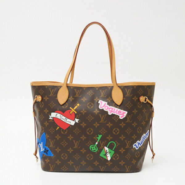 compass1702788143 Louis Vuitton Neverfull MM Tote Bag Patches Leather Brown Multi Pink