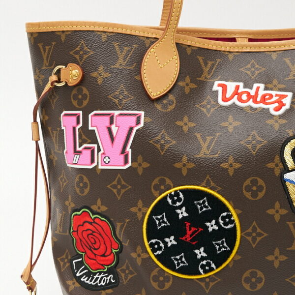 compass1702788175 Louis Vuitton Neverfull MM Tote Bag Patches Leather Brown Multi Pink