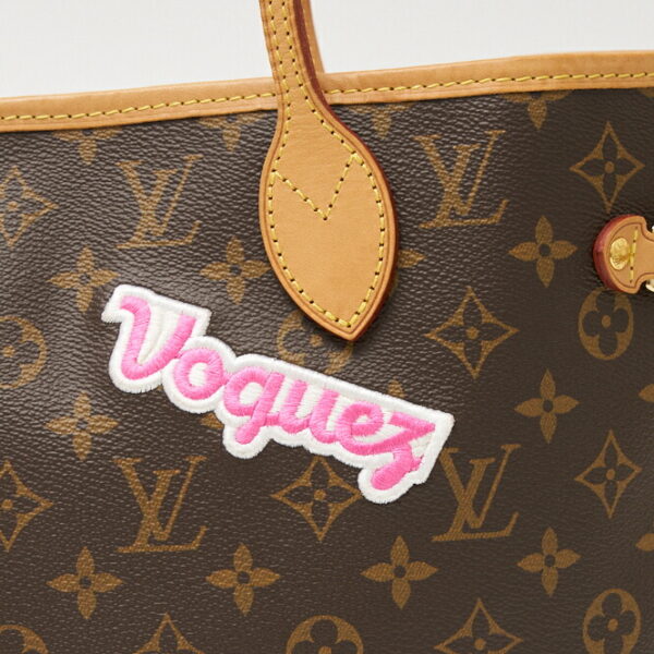 compass1702788180 Louis Vuitton Neverfull MM Tote Bag Patches Leather Brown Multi Pink