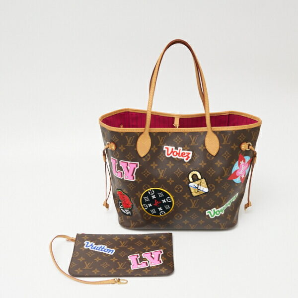 compass1702788212 Louis Vuitton Neverfull MM Tote Bag Patches Leather Brown Multi Pink