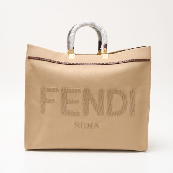 compass1710306924 Fendi Sunshine Large Canvas Leather Tote Bag Beige Brown