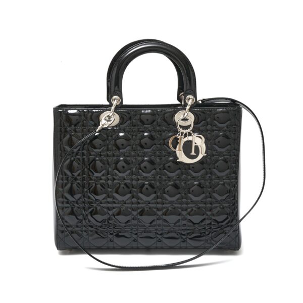 compass1718180452 Christian Dior Lady Dior Cannage Handbag Enamel Black