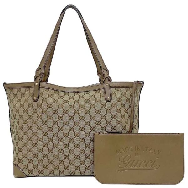 ec 18691 1 Gucci Tote Bag GG Canvas Leather Beige Brown