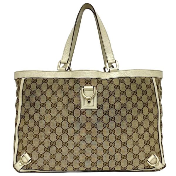 ec 21043 1 Gucci Tote Bag GG Canvas Leather Beige Cream