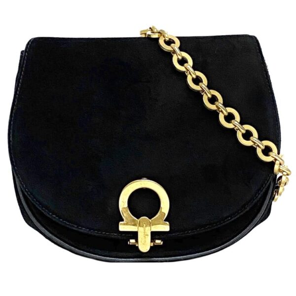 ec 21217 1 Salvatore Ferragamo Chain Shoulder Bag Suede Leather Black