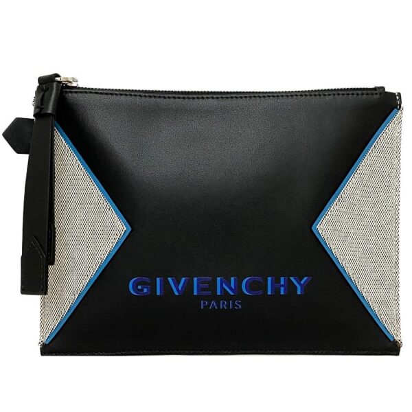 ec17019 1 Givenchy Clutch Bag Jacquard Canvas Leather Gray Black Blue