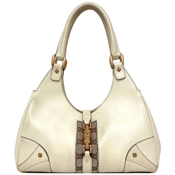 ec17214 1 Gucci Jackie Handbag Leather Canvas White Beige