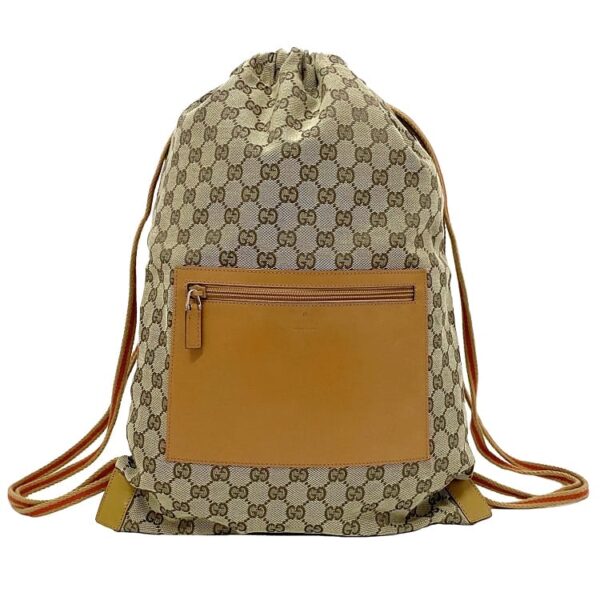 ec17618 1 Gucci Drawstring Backpack GG Supreme Canvas Leather Beige Brown