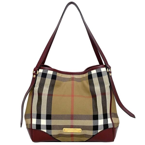 ec18282 1 Burberry Tote Bag Mega Check Canvas Leather Beige Red