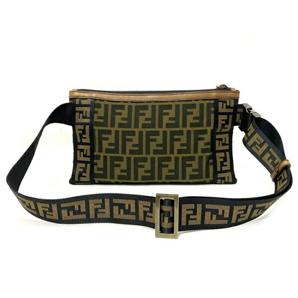 f15692 2 Fendi Belt Bag Canvas Leather Waist Khaki Black