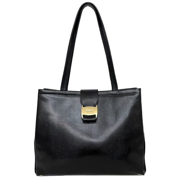 f16982 1 Salvatore Ferragamo Tote Bag Lizard Embossed Leather Black