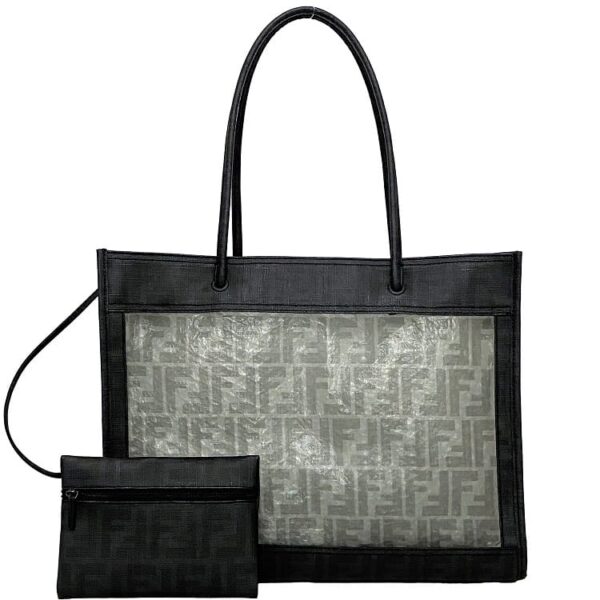 f17746 1 Fendi See Through Tote Bag Leather Mesh Black Gray