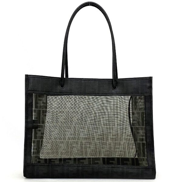 f17746 4 Fendi See Through Tote Bag Leather Mesh Black Gray