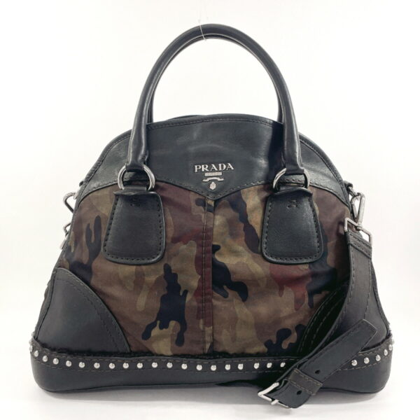 f4034339 1 Prada Camouflage 2Way Handbag Leather Nylon Black