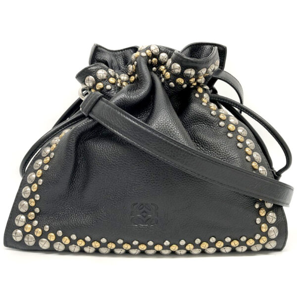 h2202206 1 Loewe Flamenco Studded Drawstring Shoulder Bag Black