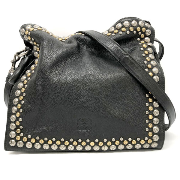 h2202206 2 Loewe Flamenco Studded Drawstring Shoulder Bag Black