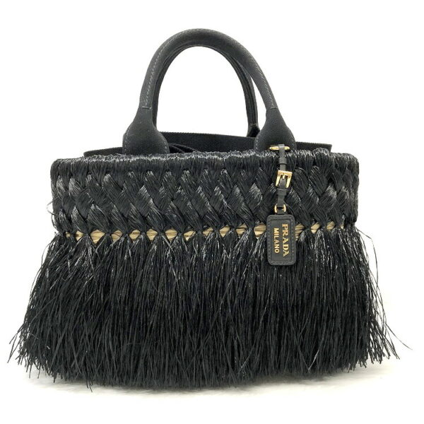 h2203707 1 Prada 2WAY Basket Bag Raffia Canvas Black