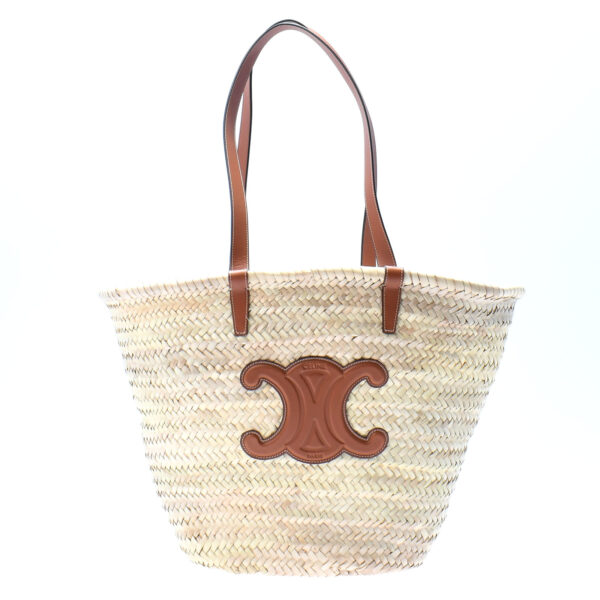 ik 00 0451056 00 Celine Large Triomphe Basket Tote Bag Raffia Calf Tan