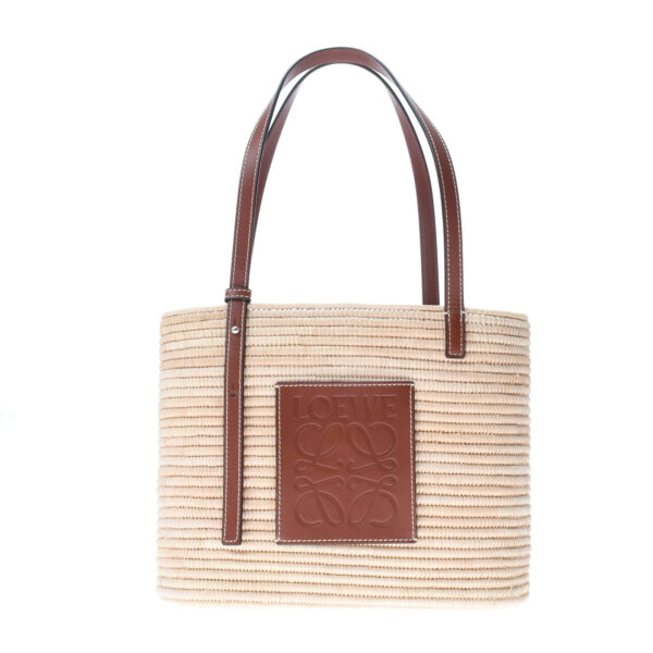 ik 00 0455218 1 Loewe Square Basket Bag Small Handbag Raffia Calf Natural Tan