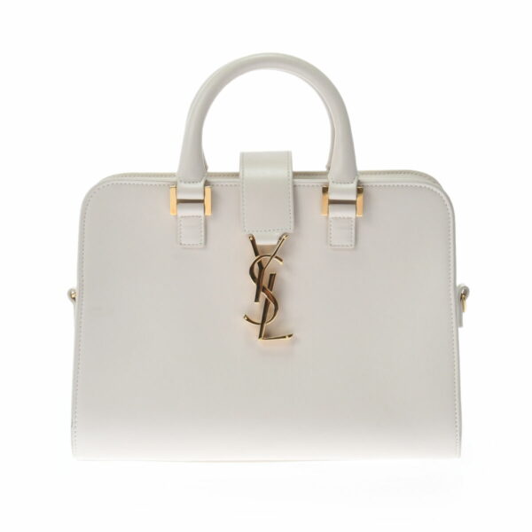 ik 00 0522762 1 Saint Laurent Baby Cabas 2Way Handbag Grained Calf Leather White