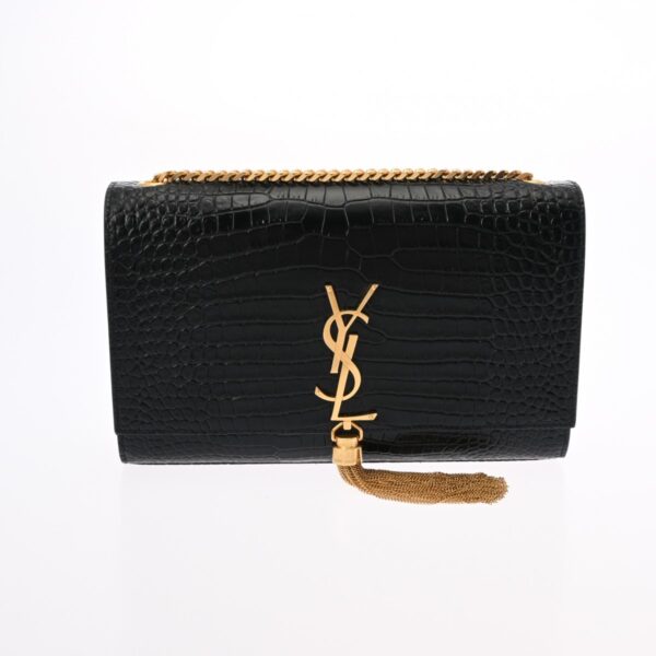 ik 00 0620583 2 Saint Laurent Kate Tassel Medium Shoulder Bag Croco Embossed Black