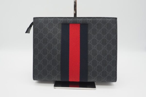 imgrc0086956300 Gucci Waping Line GG Supreme Clutch Bag Gray Navy Red