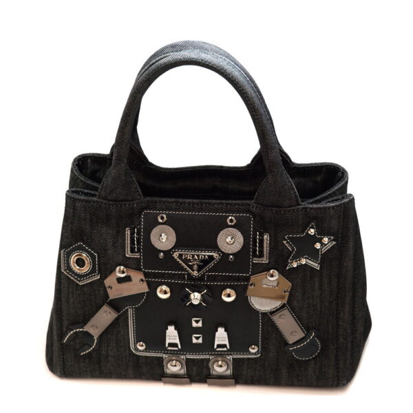 imgrc0094539759 Prada Canapa Tote Handbag Black Denim Canvas Robot