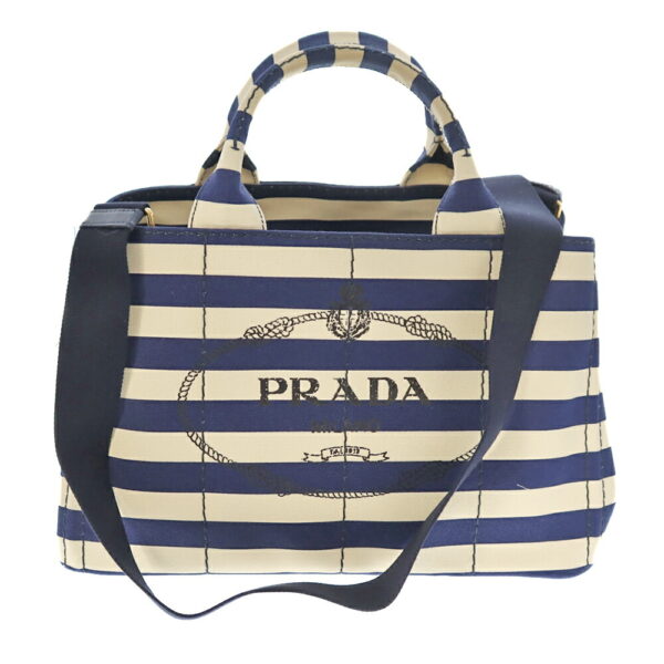 k22 235 16 Prada Canapa Tote Bag Border Canvas White Navy