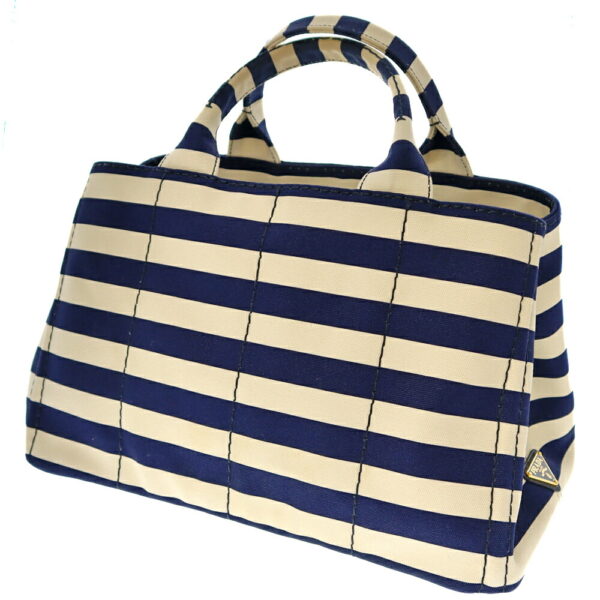 k22 235 2 Prada Canapa Tote Bag Border Canvas White Navy