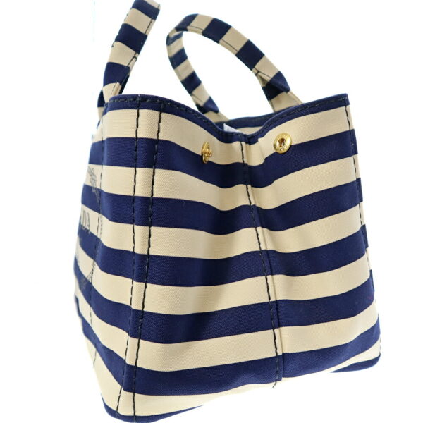 k22 235 4 Prada Canapa Tote Bag Border Canvas White Navy