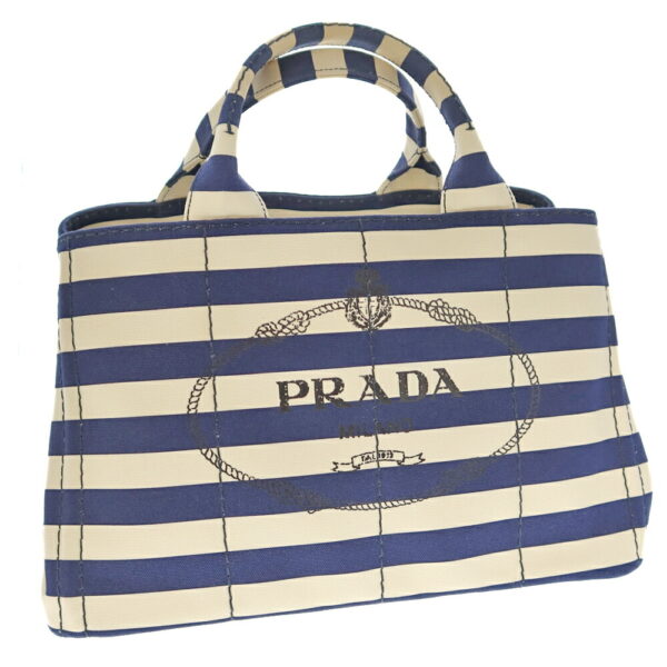 k22 235 Prada Canapa Tote Bag Border Canvas White Navy