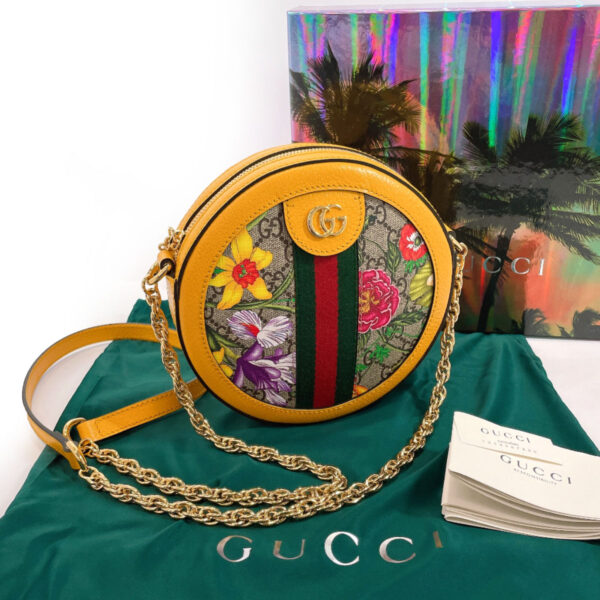 n2118792 2 Gucci Chain Shoulder Flora Webbing Line GG Supreme Canvas Yellow