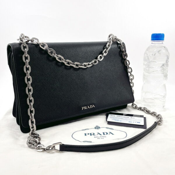 n2118812 2 Prada Chain Shoulder Bag Saffiano Leather Nylon Black