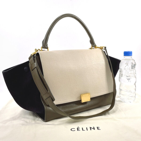 n3081898 2 Celine Trapeze Medium 2Way Handbag Leather Suede Khaki