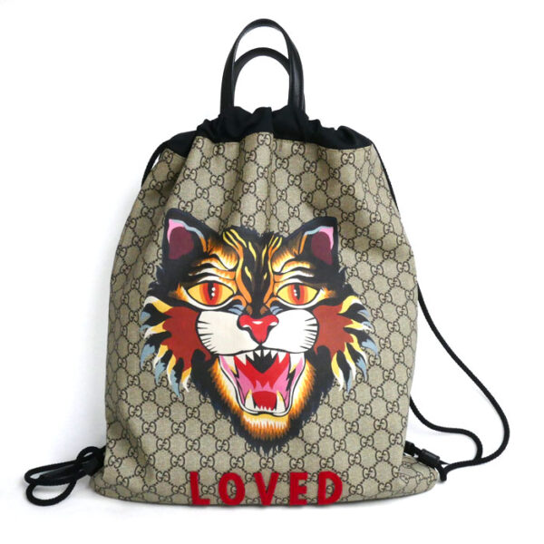 o24 0627 20 1 Gucci Angry Cat Drawstring Backpack Beige