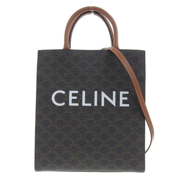 ob1346 1 Celine Triomphe Canvas Small 2WAY Leather Tote Bag Brown