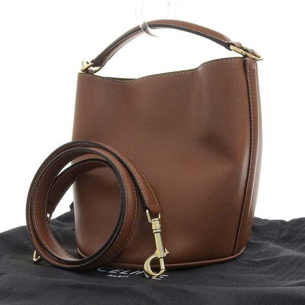 ob1398 2 Celine Teen Bucket 16 2WAY Leather Shoulder Bag Tan Brown